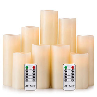 RY King Battery Operated Flameless Candle Set of 9 Real Wax Pillar Decorative Led Fake Candles with Remote Control and Timer