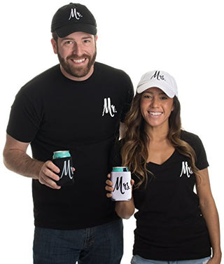Mr. & Mrs. | Matching Newlywed Wedding Baseball Caps and Beer Holder (Coolie)