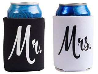 Mr. & Mrs. | Matching Newlywed Wedding Baseball Caps and Beer Holder (Coolie)