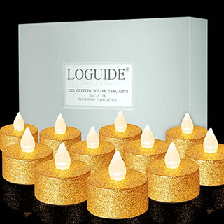 LOGUIDE Battery Operated LED Tea Lights,24 Pack Gold Flameless Votive Tealights Candle with Warm White Flickering light, Small Electric Fake Tea Candle Realistic for Wedding,Table,Festival Celebration