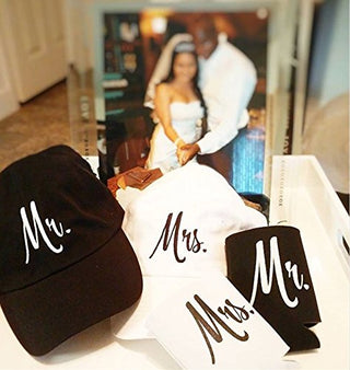 Mr. & Mrs. | Matching Newlywed Wedding Baseball Caps and Beer Holder (Coolie)